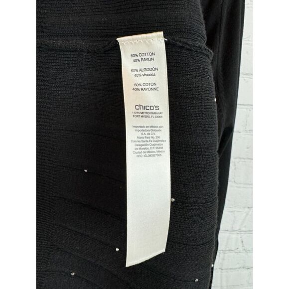 CHICO'S black knit cotton rayon pearl embellished pleated cardigan 1 M NWOT - Picture 9 of 9